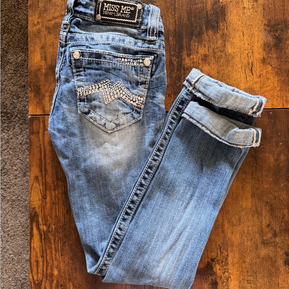 Miss Me Women's Straight Leg Jeans in Blue with Embellished Pockets